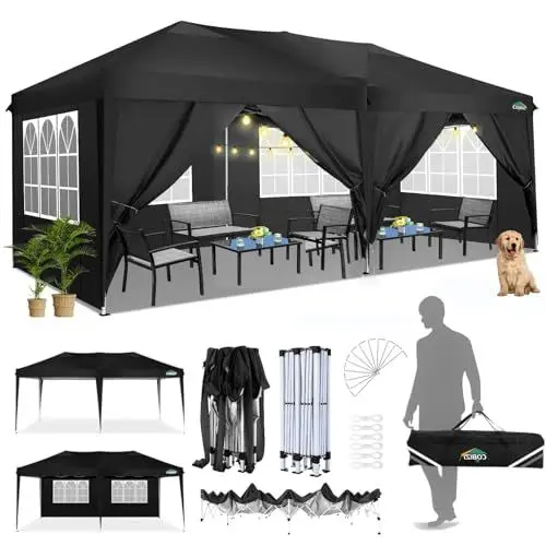 Produktbild: COBIZI Faltpavillon 3 x 6 wasserdicht stabil Winterfest UV-Schutz Partyzelt 3 x 6 m mit 6 Seitenwänden Pop up Zelt Gartenpavillon inkl. Tasche für Hochzeit Festival Event Picknick, Schwarz