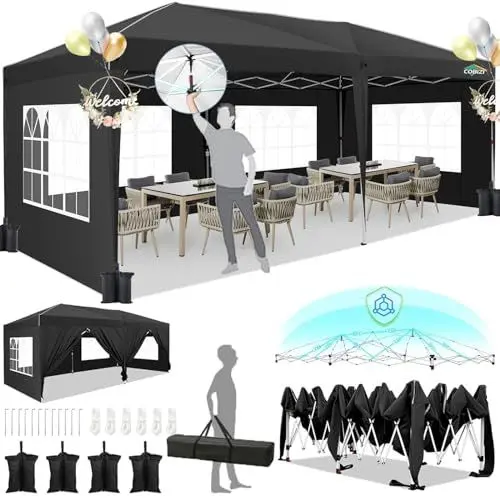 Produktbild: COBIZI Faltpavillon 6x3m, Pavillon 3x6 Wasserdicht Stabil mit 6 Seitenteilen, Zentralverriegelungsstruktu, Pop Up Pavillon Partyzelt Gartenpavillon für Party, Festival, Hochzeit, Anti-UV, Schwarz