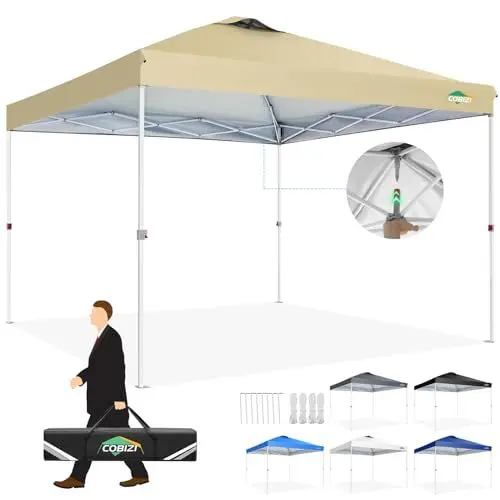 Produktbild: COBIZI Pavillon 3x3 Wasserdicht Stabil Faltpavillon Faltbar Partyzelt One Push Pop Up Gartenlauben mit Entlüftung UV Schutz 50+ Höhenverstellbar Gartenpavillon für Strand Hochzeit Camping, Khaki