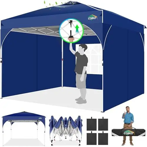 Produktbild: COBIZI Pavillon 3x3m Wasserdicht Stabil Winterfest Faltpavillon Partyzelt Gartenpavillon, 3 Seitenteilen, Pop Up Pavillon Faltbar für Camping, Festival, Gärten,Geschäft mit 4 Sandsäcke,Navy blau