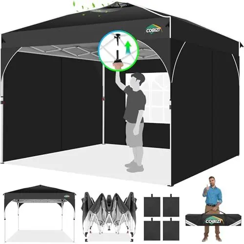 Produktbild: COBIZI Pavillon 3x3m Wasserdicht Stabil Winterfest Faltpavillon Partyzelt Gartenpavillon, 3 Seitenteilen, Pop Up Pavillon Faltbar für Camping, Festival, Gärten, Strände,Geschäft,4 Sandsäcke,Schwarz