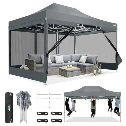Produktbild: COBIZI Pavillon 3x4,5,Faltpavillon 3x4,5 Wasserdicht Stabil,Pavillon Faltbar Anti-UV mit Mesh-Seitenwände,Pavillion für Camping Events, Partyzelt Gartenzelt mit Tragetasche(3 mal 4,5m Grau)