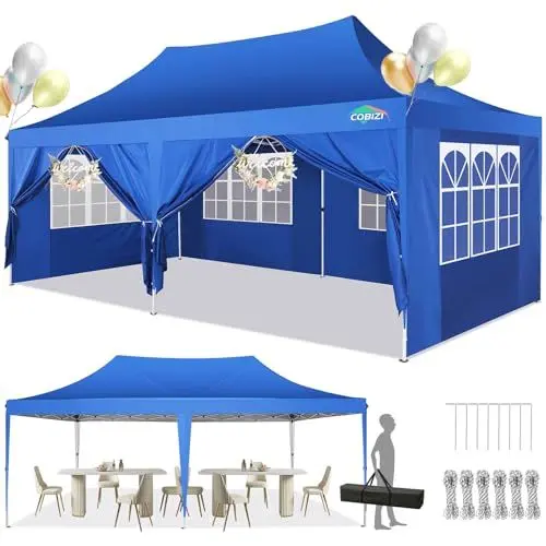 Produktbild: COBIZI Pavillon 3x6 Faltpavillon Wasserdicht Stabil mit 6 Seitenteilen Kegelförmig Partyzelt 3 Höhenverstellbar UV-Schutz Tragetasche Zelthering, Seile für Garten, Hochzeiten, Markt, Freien Event
