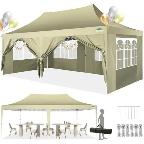 Produktbild: COBIZI Pavillon 3x6 Faltpavillon Wasserdicht Stabil mit 6 Seitenteilen Kegelförmig Partyzelt 3 Höhenverstellbar UV-Schutz Tragetasche Zelthering, Seile für Garten, Hochzeiten, Markt, Freien Event