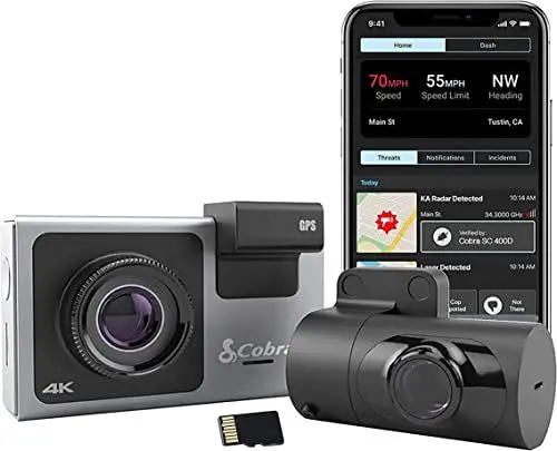 Produktbild: Cobra Smart Dashcam Autokamera + Rückfahrkamera SC400D UHD 4K Videoauflösung, 32 GB MicroSD-Karte, 3 Ansichten, GPS & WiFi, Alexa integriert, SOS-Alarm und Unfallberichte, App Drive Smarter