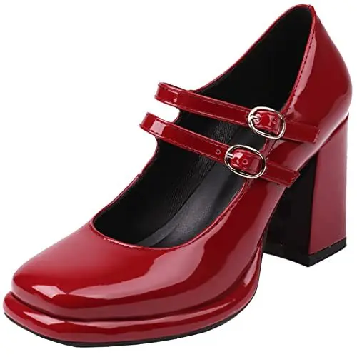 Produktbild: Cocey Damen Plateau Mary Jane Schuhe Blockabsatz Pumps für Partys (Rot,46)