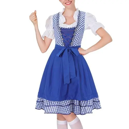 Produktbild: Cocila Bestellung Sonderangebote Oktoberfest Schürze Damen Dirndlbluse Schwarz Hochgeschlossen Trachtenmode+Damen Schürzenkleid Mädchen Blau Kariertes Kleid Sale Angebote Bestellung