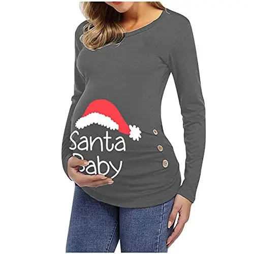 Produktbild: Cocila Damen Christmas Maternity Long Sleeve Drucken Cartoon Printed T-Shirt Tops Pregnancy Blouse Geraffte Umstandsshirt Umstandstop Umstandsmode Schwangerschaft Weihnachten (Ha1-Grey, L)