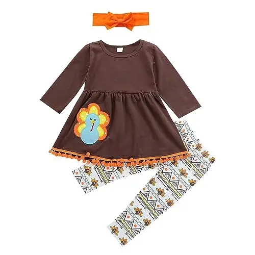 Produktbild: Generisch Kleinkind-Erntedankfest-Mädchen-Langarm-Truthahn-Kleid-Hemd, ethnisch Bedruckte Hose, Haarband, dreiteiliges Set Bekleidungsset Baby Mädchen 68 (Brown, 4-5 Years)