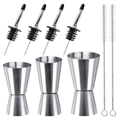 Produktbild: Cocktail Messbecher 3 Stück, Edelstahl Messbecher Cocktail Barmaß, 3cl/4cl/5cl/6cl Doppelmass Jigger mit 4 Stück Flaschenausgießer & 2 Pinseln, für Bar Party Wein Drink Shaker