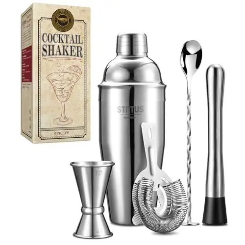 Produktbild: Cocktail Shaker, STNTUS 750ml Cocktail Shaker Edelstahl, 5 Stück Professionell Cocktailshaker Set mit Sieb, Messbecher, Barlöffel, Stössel, Mixer Barkeeper Set