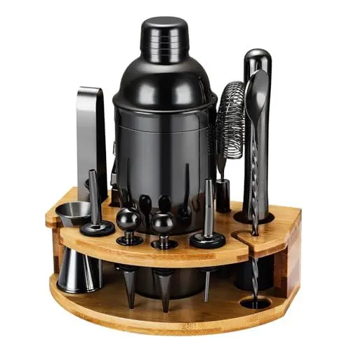 Produktbild: Cocktail Shaker Set, 12 Teiliges Edelstahl Bar Zubehör Cocktail Set, 750ML Shaker Cocktail Zubehör mit Ständer, Ideales Cocktail Maschine Barkeeper Set für die Hausbar (Schwarz)