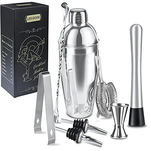 Produktbild: Cocktail Shaker Set | 304 Edelstahl Coktailmixset | 750ml Cocktail Mixer 8 Teiliges Barkeeper Geschenkset mit Cocktail Zubehör - Messbecher und Bar Löffel Ideal für Zuhause & Bar