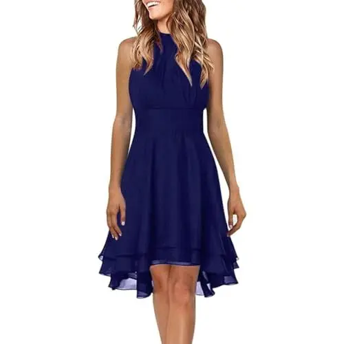 Produktbild: Cocktailkleid Damen Hochzeitsgast Midikleid Damen Elegant für Hochzeit Damenkleider Festlich Sommerkleid Neckholder Kleid Ärmellos Chiffonkleid Sommer Partykleid Sexy Freizeitkleid A Linie