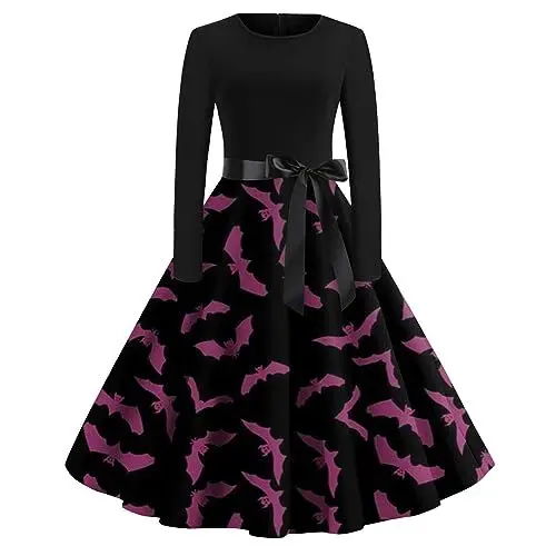 Produktbild: Cocktailkleid Damen Langen Ärmeln Cocktailkleid Coole Kürbis Gothic Weites mit Rüschen Vorne Loungewea Tunika-Kleid Mädchen Oversize V Ausschnitt Polyester Summer Lila
