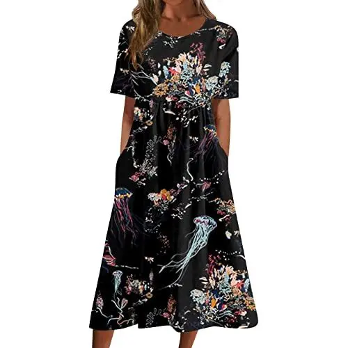 Produktbild: Cocktailkleid Damen übergröße Kurzärmelige Cocktailkleid Rundhals Baumwolle Weich Lockeres Mit Tasche Kleider Mädchen Boho Arbeits Sommer Geblümtes Marine