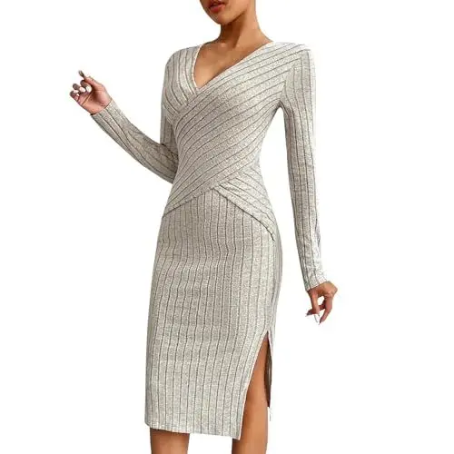 Produktbild: Cocktailkleid Women Jersey V Ausschnitt Kleid Weich Longsleeve Enganliegendes Seitenschlit Cocktailkleid Damene Plus Size Solid Frühlingse Elegant Party Khaki