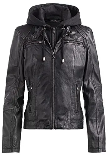 Produktbild: COCO Black Label since1986 Damen Lederjacke Zoe moderne Biker Jacke mit Kapuze aus Lammleder, Farbe:Schwarz, Größe:38