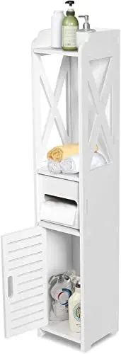 Produktbild: Cocoarm Badezimmerschrank Schmal Badezimmer Aufbewahrungsschrank Badschrank Schmal Weiß Holz Kunststoffplatte Bad Schrank Regal Toilettenschrank 80x15.5x15CM für Badezimmer
