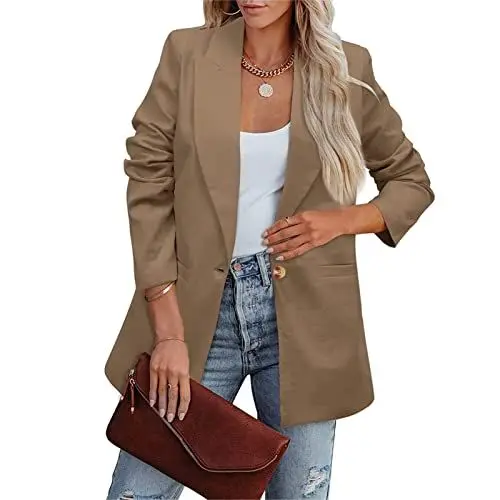 Produktbild: Cocoarm Damen Anzugjacke Revers Langarm Blazer Jacke Weicher Polyester Damen Blazer Reine Farbe Lose Lässiger Blazer für Business Arbeit Im Freien(M-Khaki)