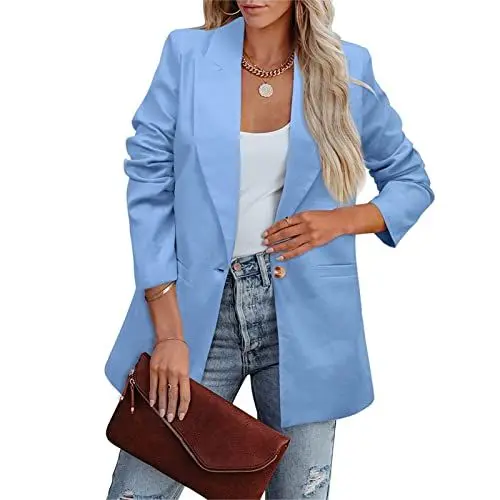 Produktbild: Cocoarm Damen Anzugjacke Revers Langarm Blazer Jacke Weicher Polyester Damen Blazer Reine Farbe Lose Lässiger Blazer für Business Arbeit Im Freien(XXL-Blau)
