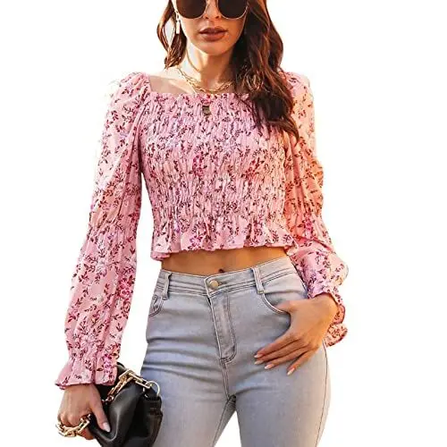 Produktbild: Cocoarm Damen Bauchfrei Oberteil Langarm Crop Top Langarmshirt Puffärmel Tops mit Quadratischem Ausschnitt Blumenbluse Langarmbluse Pullover Cropped Tops(L-Rosa)