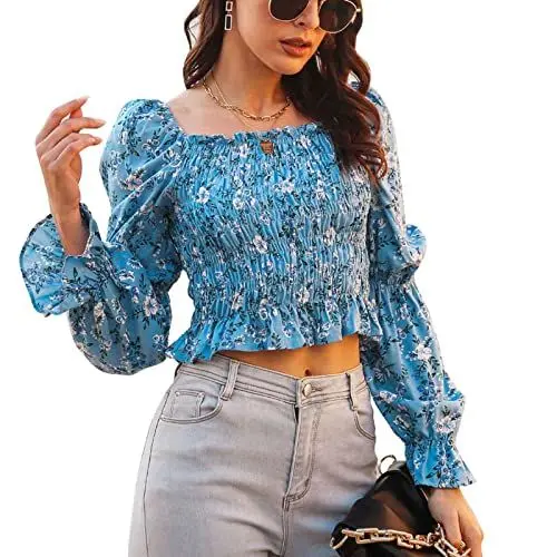 Produktbild: Cocoarm Damen Bauchfrei Oberteil Langarm Crop Top Langarmshirt Puffärmel Tops mit Quadratischem Ausschnitt Blumenbluse Langarmbluse Pullover Cropped Tops(L-Blau)