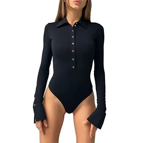 Produktbild: Cocoarm Damen Bodys Elegant Wrap Bodies Revers Langarm Wickeln Bodysuit Einfarbig Overall Langarmshirt Slim Tops Basicshirt Jumpsuit(Schwarz-L)