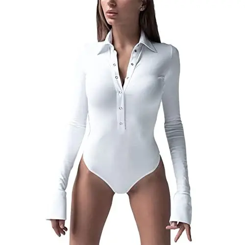 Produktbild: Cocoarm Damen Bodys Elegant Wrap Bodies Revers Langarm Wickeln Bodysuit Einfarbig Overall Langarmshirt Slim Tops Basicshirt Jumpsuit(Weiß-L)