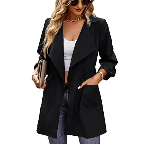 Produktbild: Cocoarm Damen Winter Trenchcoat Klassischer Revers Mantel Kordelzug Reverse Button Einfarbig Lässig Fließend Lose(XL-Schwarz)