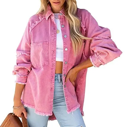 Produktbild: Cocoarm Damen Jeansjacke Locker Denim Jacke Langarm Oversize Übergangsjacke mit Fledermausärmel Lose Mädchen Mantel Beiläufige Outwear(XL-Rosenrot)