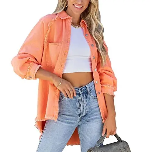 Produktbild: Cocoarm Damen Jeansjacke Locker Denim Jacke Langarm Oversize Übergangsjacke mit Fledermausärmel Lose Mädchen Mantel Beiläufige Outwear(S-Orange)