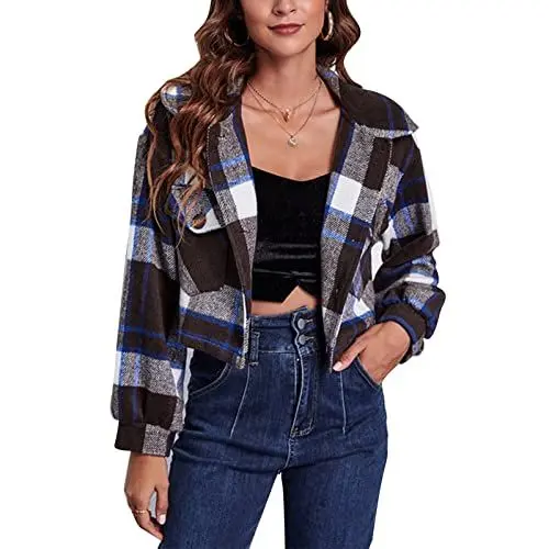 Produktbild: Cocoarm Damen Kurzjacke Karierte Cropped Jacket Langarm Kurze Mantel Lose Outwear Casual Oberteile Streetwear mit Laternenärmel(S-Braun und Blau)