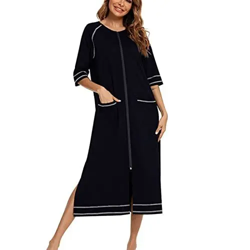 Produktbild: Cocoarm Damen Nachthemd Casual Langes Morgenmantel Halbarm Nachthemden mit Reißverschluss Nachtwäsche mit Taschen Loungewear (m-Schwarz)