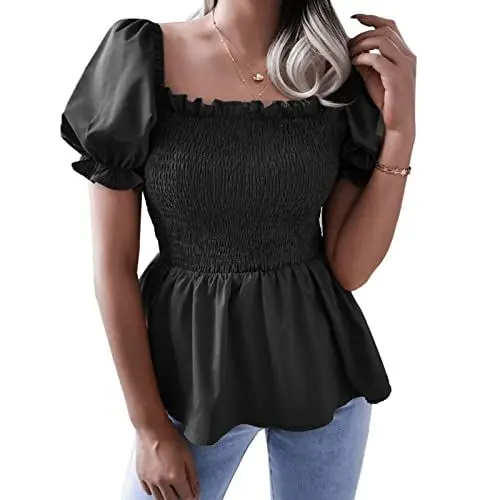 Produktbild: Cocoarm Damen Renaissance Bluse Kurze Ärmel Tops mit Rüschenhals Steampunk Victorian Tops Kurze Puffärmel Blusen Casualshirt mit Eckiger Ausschnitt Sommer Oberteil (L-Schwarz)