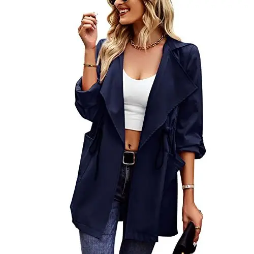 Produktbild: Cocoarm Damen Winter Trenchcoat Klassischer Revers Mantel Kordelzug Reverse Button Einfarbig Lässig Fließend Lose(XL-Navy blau)