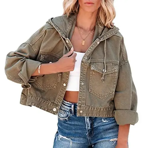 Produktbild: Cocoarm Female Jeansjacke Denim Jacken Damen Herbstmode Streetwear Jeansjacke(m-Olivgrüne Farbe)