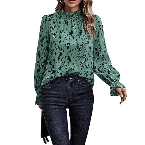 Produktbild: Cocoarm Gerafftes Langarm-Oberteil mit Hohem Kragen für Damen, Passende Lässige Druckblusen (XL)