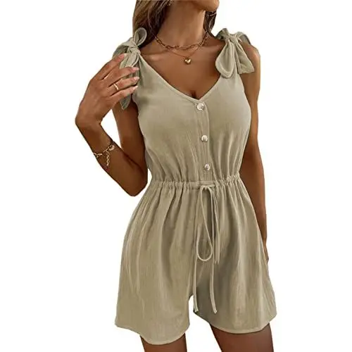 Produktbild: Cocoarm Jumpsuit Damen Sommer ärmellos Overall mit Schulterbindung und Kordelzug V-Ausschnitt Einfarbig Kurzer Strampler Knopfleiste Weite Beine Spielanzug(2XL-Khaki)