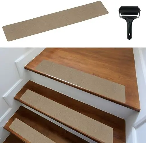 Produktbild: cocofy Treppenstufen Matten modern 15er Set, 60x12 cm groß Filz selbstklebend Stufenmatten innen 15 Stück Teppich Treppenstufen Treppenteppich selbstklebend beige
