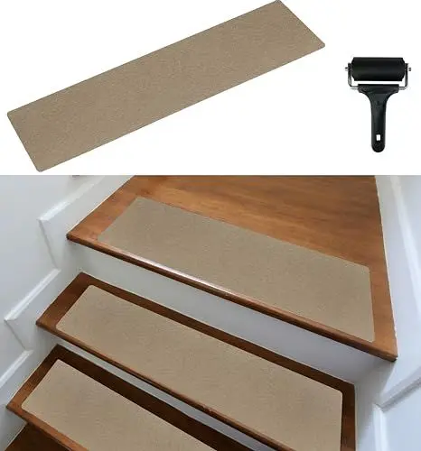 Produktbild: cocofy Treppenstufen Matten modern 15er Set, 75x20 cm groß Filz selbstklebend Stufenmatten innen 15 Stück Teppich Treppenstufen Treppenteppich selbstklebend Treppen Stufenteppich beige