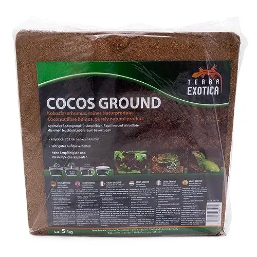 Produktbild: Cocos Ground - Kokoshumus für Terrarien - ca. 70 Liter lockerer Humus - Einstreu für Amphibien, Reptilien und Wirbellose - Humusziegel Bodengrund - gepresste Blumenerde aus Kokosfaserhumus (5Kg)