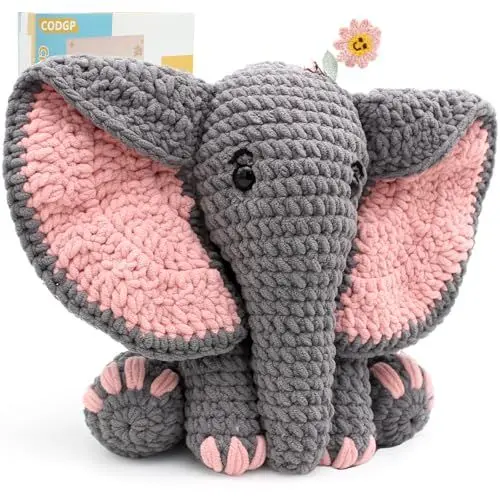 Produktbild: CODGP Komplettes Häkelset für Anfänger, 30cm Grauer Elefant Häkelset mit Schritt-für-Schritt Videoanleitung und bunten Garnen, für Erwachsene und Kinder DIY-Handwerk