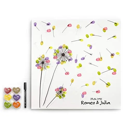 Produktbild: codiarts. Leinwand für Hochzeit, Jubiläum, Familienfeier, als Gästebuch inkl. Stempelkissen für Fingerabdruck und Stift - Motiv Pusteblume - 50x50cm, Made in Germany