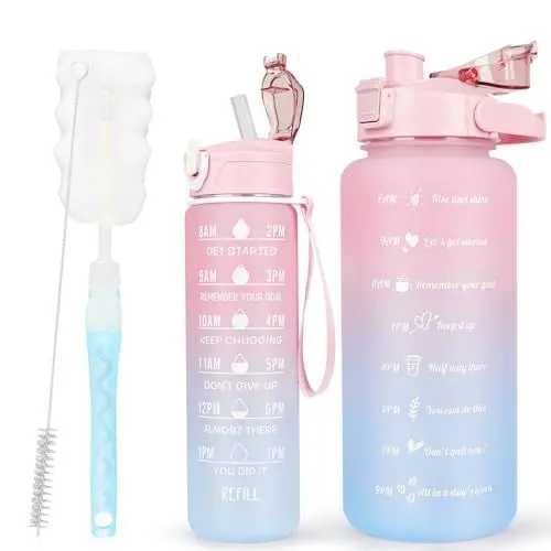 Produktbild: CodiCile 2 Pack Trinkflasche BPA-frei 2L+750ml, Sport-Trinkflasche mit Zeitmarkierung & Strohhalm, 2 Liter Trinkflasche fürs Fitnessstudio mit Bürste, Großer motivierender Zeitmarker Wasserflasche
