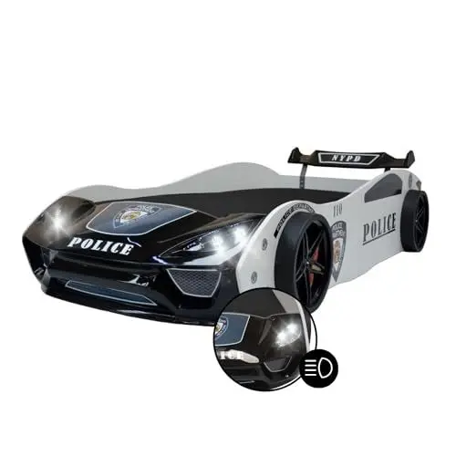 Produktbild: Coemo Kinder Autobett V2 Police Kinderbett 90x200 im Rennwagen super Streifenwagen Design mit LED Beleuchtung und Lattenrost für Jungen und Mädchen - Betten Farbe Weiß