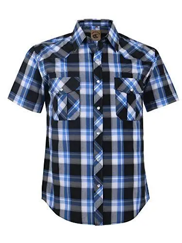 Produktbild: Coevals Club Herren Lässige Druckknöpfen Kariertes Anzug Regular Fit Kurzarm Bügelleichtes Freizeit Trachten Hemd (Blau Schwarz Kariert #19 3XL)