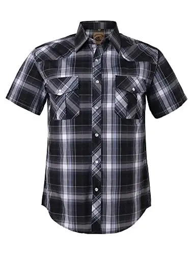 Produktbild: Coevals Club Herren Lässige Druckknöpfen Kariertes Anzug Regular Fit Kurzarm Bügelleichtes Freizeit Trachten Hemd (Grau Schwarz Kariert #9 3XL)