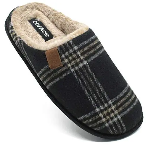 Produktbild: COFACE Schwarz Herren Rückstellschaum hausschuhe, warme plaid Pantoffeln für manner, flauschig plüsch Gefüttert mit Rutschfeste Gummisohle Größe 45EU