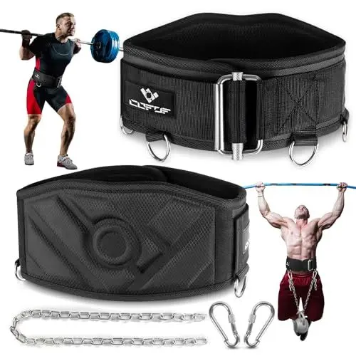 Produktbild: COFOF 2 IN 1 Dip Gürtel, Selbstverriegelnde Sicherheitsschnalle Gewichtsgürtel mit 103cm Lange Kette und 2 Karabiner, Klimmzug Gürtel für Bodybuilding, Krafttraining, Gewichtheben (Schwarz, M)